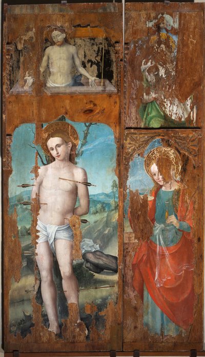 Saint Sébastien, Sainte Lucie, Christ ressuscitant avec les symboles de la Passion, seconde moitié du 16e siècle - Emanuele Macario