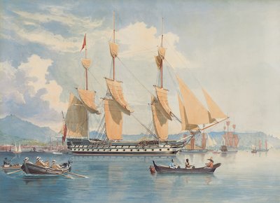 HMS Ganges au mouillage et séchant ses voiles au large de Rio de Janeiro - Emeric Essex Vidal
