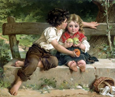 Garçon embrassant une fille et lui donnant des pommes, d