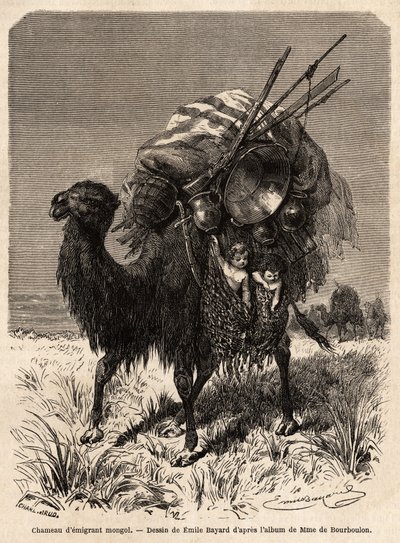 Un chameau émigrant mongol, transportant des provisions, divers ustensiles, tapis, couvertures et bois de la charpente de la tente, ainsi que de jeunes enfants dans des paniers suspendus. Dessin d