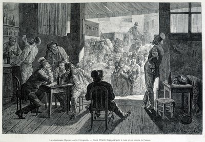Un groupe de femmes devant un bar, interdit aux femmes, chantant des hymnes aux ivrognes contre l