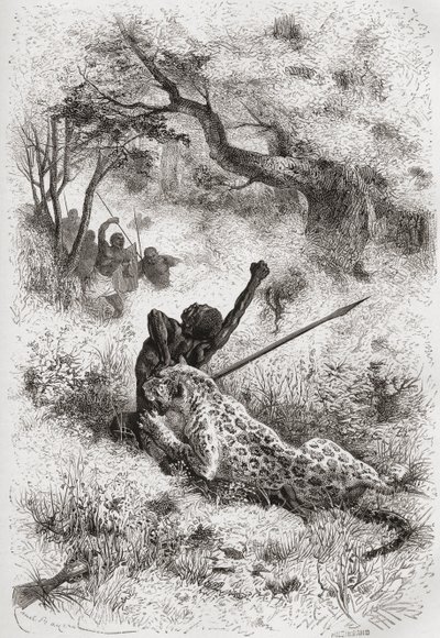 Un léopard attaquant un Africain, illustration de 