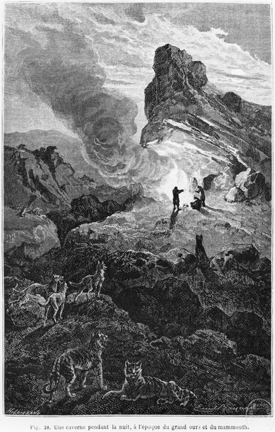 Une grotte préhistorique la nuit, illustration de 