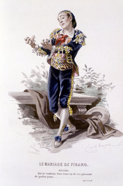 Œuvre complet de Beaumarchais (1732-1799) par Édouard Fournier. dessin par Émile Bayard. Ed. Laplace, Sanchez et Cie, Paris 1876. Ceci est Figaro dans « Le Mariage de Figaro » - Emile Antoine Bayard
