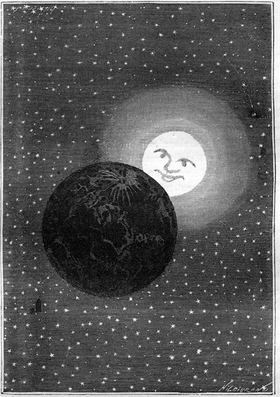 Gravure (par Emile Bayard) du livre de Jules Verne "Autour de la Lune" (édition Hetzel/Voyages extraordinaires 1870) : la Terre passant près de la Lune - Emile Antoine Bayard