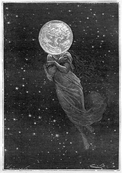 Gravure (par Emile Bayard) du livre de Jules Verne « Autour de la Lune » (édition Hetzel/Voyages extraordinaires 1870) : description de la lune dessinée avec le corps d
