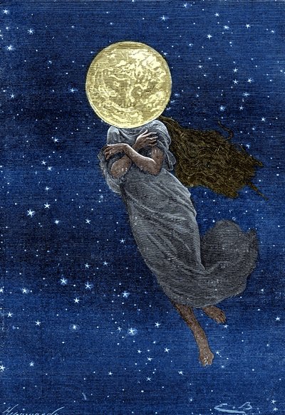 Gravure (par Emile Bayard) du livre de Jules Verne « Autour de la Lune » (édition Hetzel/Voyages extraordinaires 1870) : Description de la lune dessinée avec le corps d