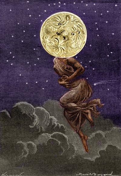 Gravure (par Emile Bayard) du livre de Jules Verne « Autour de la Lune » (édition Hetzel/Voyages extraordinaires 1870) : la lune personnifiée avec le corps d