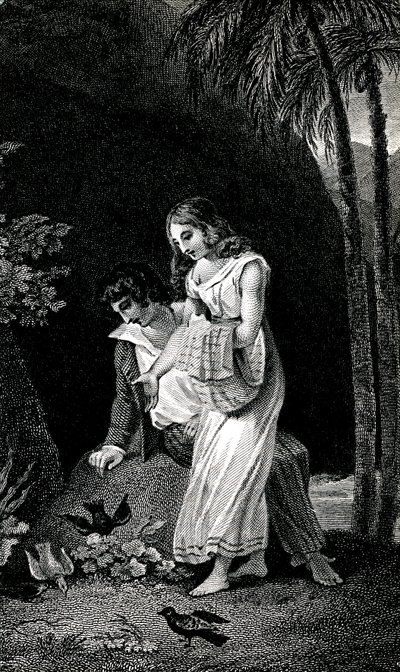 Gravure illustrant une édition de la fin du 19e siècle du roman de Jacques-Henri Bernardin de Saint-Pierre : Paul et Virginie. Les oiseaux viennent se poser sans crainte près du jeune couple d