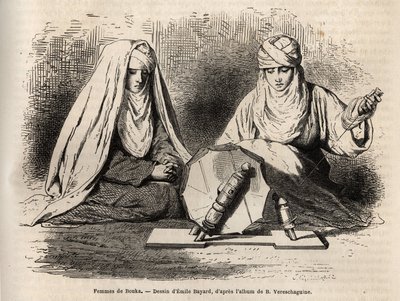 Femmes de Boukhara (Ouzbékistan), travaillant à filer, gravure d
