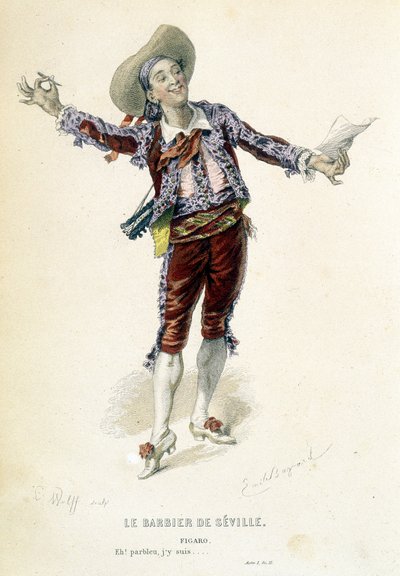 Figaro dans « Le barbier de Séville » dans les « Œuvres complètes de Beaumarchais », éd. Laplace Sanchez & cie, Paris - Emile Antoine Bayard