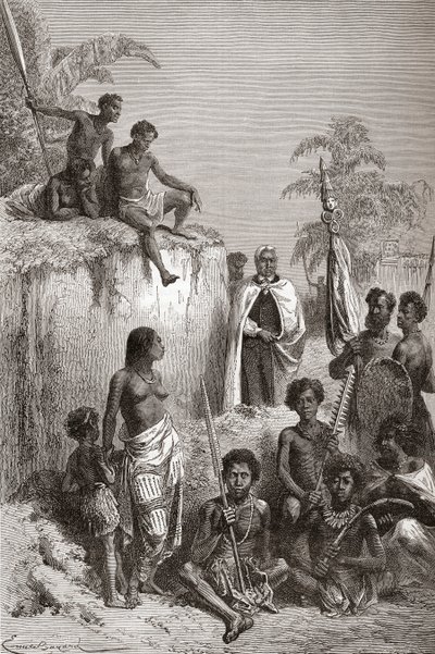 Le roi hawaïen Kamehameha I et ses guerriers, illustration de 
