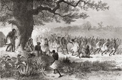 Henry Morton Stanley observant la tribu Vouagogos se préparant pour la bataille lors de son expédition en 1871, illustration de 