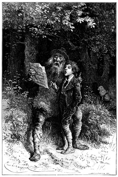 Illustration par Emile Bayard pour le roman de Hector Malot "Sans Famille" : Rémi chante avec Monsieur Vitalis, artiste itinérant - musicien de rue, saltimbanque - Édition Hetzel 1880 - Emile Antoine Bayard