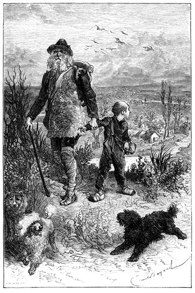 Illustration par Emile Bayard pour le roman de Hector Malot "Sans Famille": Rémi part avec Monsieur Vitalis, artiste itinérant et ses animaux savants les trois chiens Capi, Zerbino et Dolce - Emile Antoine Bayard