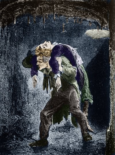 Jean Valjean, Marius blessé sur son dos, fuyant dans l