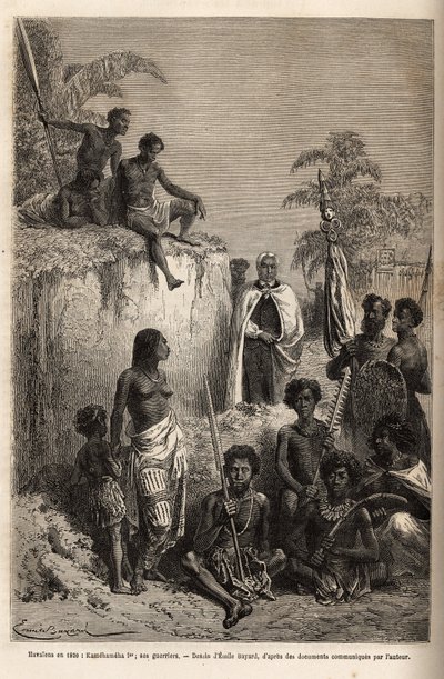 Kamehameha I (ca. 1758-1819), roi des îles Hawaï et fondateur de leur unité, entouré de guerriers hawaïens et de quelques sujets à Honolulu, gravure d