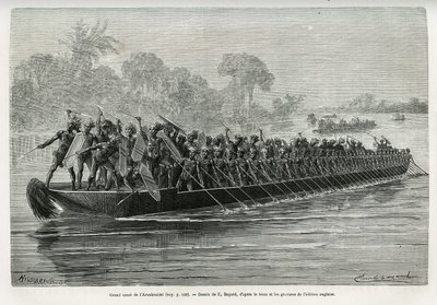 Grande pirogue des Arouhouimi, chargée de 40 pagayeurs debout et de vingt guerriers en armes, sur le fleuve Livingstone (Congo), dessin par Emile Bayard, pour illustrer l