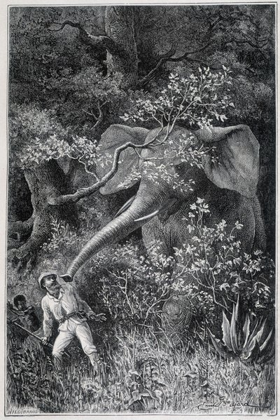 Livingstone surpris par un éléphant, dans "Le Tour du Monde" - Emile Antoine Bayard