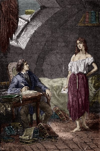 Marius et Éponine, fille aînée des Thénardier et amoureuse de Marius Illustration du roman « Les Misérables » de Victor Hugo (1802-1885) Illustration par Émile Bayard - (Éponine Thénardier (fille Jondrette) et Marius) Gravure Collection privée - Emile Antoine Bayard