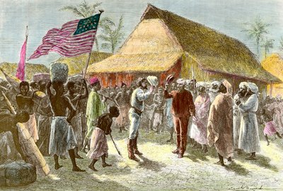 Rencontre à Ujiji sur les rives du lac Tanganyika entre Henry Morton, explorateur et journaliste gallois (1841-1904) et David Livingstone, missionnaire écossais explorateur du continent africain (1813-1873), le 10 novembre - Emile Antoine Bayard
