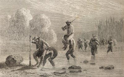 Paul Marcoy et son expédition transportés à travers un marais en Argentine par des indiens Chuncho en 1874, illustration de 