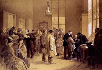Vaccination contre la rage : Louis Pasteur (1822-1895) a fait appel aux fans tandis que le Dr Gaucher vaccinait un enfant russe, Joseph Meister, contre la rage le 6/07/1885 dans un laboratoire de la rue d