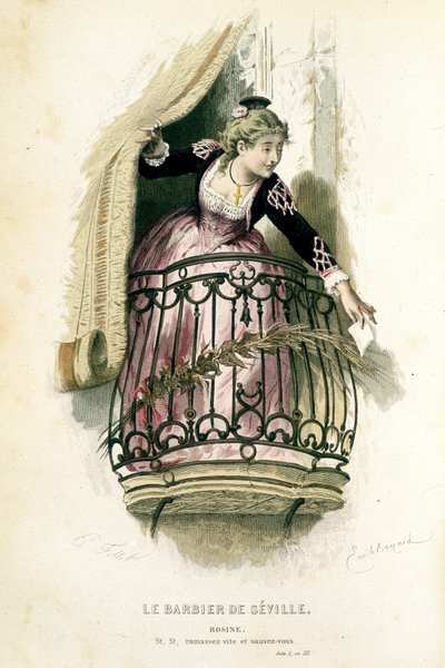 Rosine dans "Le barbier de Séville" - dans "Oeuvres complètes de Beaumarchais", dessins par Emile Bayard, éd. Laplace Sanchez & cie, Paris - Emile Antoine Bayard