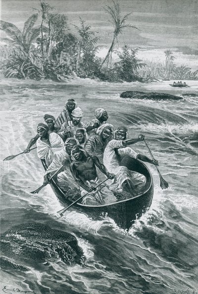 Stanley surmonte les rapides sur le fleuve Congo, dessin par Emile Bayard - Emile Antoine Bayard