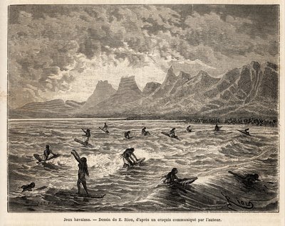 Surf, le jeu favori des Hawaïens, ici par des femmes, en équilibre, debout ou assises, sur la planche, sur la crête des vagues, qui les ramènent à la plage, gravure d