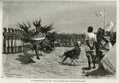 Le Sova Mavanda (roi), entouré de ses hommes qui psalmodient un chant monotone, dansant devant le major. Gravure d