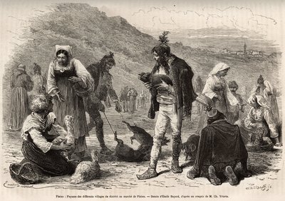 Les paysans des environs de Pisino (Croatie), se rassemblent pour la vente de leurs produits agricoles sur le marché : volaille, porcelets..., gravure d