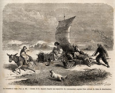 La brouette à voile, système de locomotion utilisé dans le nord de la Chine, dessin d
