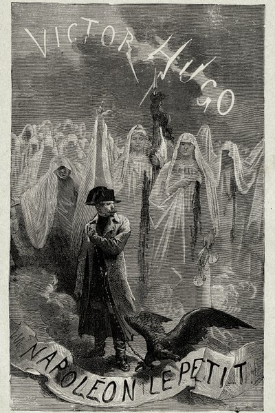 Page de titre du livre de Victor Hugo « Napoléon le Petit » (Napoléon III tenant une chaîne d
