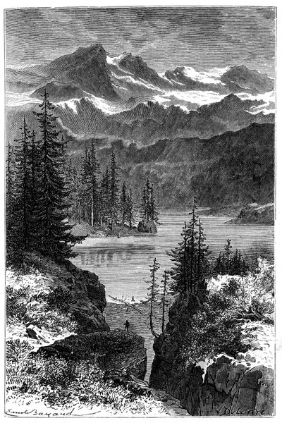 Vue des Alpes : forêt, lac, sommets. Illustration d