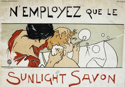 Utilisez uniquement le savon Sunlight, Mère faisant la toilette de son enfant et lessive étendue - par Berchmans, fin du 19e siècle - Émile Berchmans