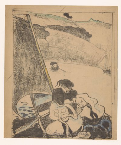 Deux femmes bretonnes et un homme sur un bateau - Émile Bernard (signed by artist)