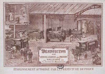 Affiche publicitaire pour les machines de désinfection par la vapeur produites par Hallu Aine, fin du XIXe siècle - Emile Bourdelin