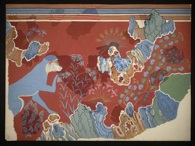 Peinture de la fresque du Singe Bleu dans un paysage rocheux de la Maison des Fresques à Knossos (Dessin de fresque d