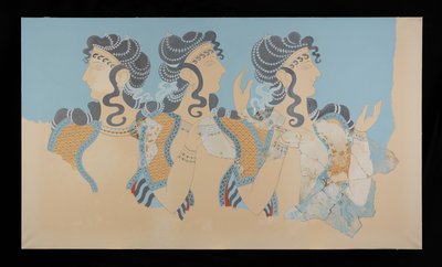 Peinture des Dames en Bleu restaurée de la fresque du Palais de Minos à Knossos (Dessin de fresque d