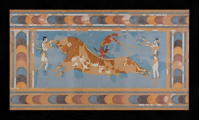 Peinture de la fresque restaurée du Taureador du Palais de Minos à Knossos (Dessin de fresque d