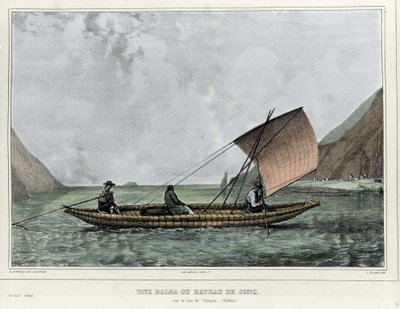 Une balsa ou un bateau de roseaux sur le lac Titicaca (Bolivie). Lithographie par Emile Lassalle - dans « Voyage dans l