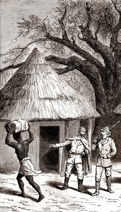 Explorateurs et porteurs devant une hutte africaine, 1887 (