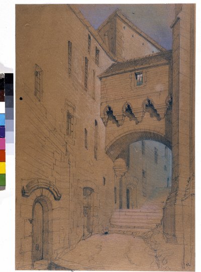 Le début du grand degré et le pont fortifié. Mont Saint Michel. Dessin par Emile Sagot. Musée Municipal d