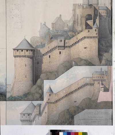 Vue des mâchicoulis entre la tour Nord et la tour Claudine du Mont Saint Michel. Dessin d