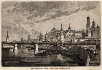 Vue générale de Moscou, prise de la Moskowa, dessin de Therond, pour illustrer le voyage de Shanghai à Moscou, de 1859 à 1862, de M. de Bourboulon, ministre de France en Chine. Gravure dans « Le tour du monde », édité par Edouard Charton - Emile Theodore Therond