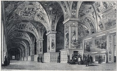 Vue intérieure de la bibliothèque du Vatican au XVIIIe siècle. Gravure par Therond d