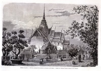 Jardin du palais. Pavillon contenant les cendres du dernier roi de Siam. Dessin de Thérond d