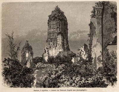Les ruines prises dans la végétation de la jungle, à Ajuthia (Thaïlande), dessin de Therond, pour illustrer le voyage à travers les royaumes de Siam, Cambodge et Laos, de 1858 à 1861, par Henri Mouhot. Gravure dans "Le tour du monde", édité par Edouard Cha - Emile Theodore Therond