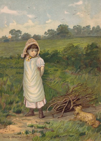 Fille ramassant du bois avec son chien de compagnie - Emily Jane Harding Andrews